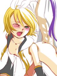 beige_skin blonde_hair closed_eyes clothed_rape color female gakupo_kamui green_eyes hairbow human kagamine_rin long_hair male open_clothes open_eyes open_mouth purple_hair rape short_hair small_breasts tears tears_of_pain vocaloid white_background wink