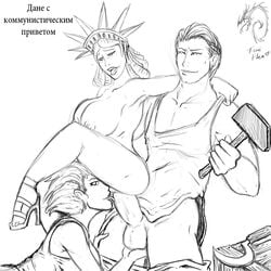 1boy 2girls apron balls breasts fellatio fleatrollus hammer high_heels huge_cock inanimate nipples oral penis statue_of_liberty threesome tools worker_and_kolkhoz_woman