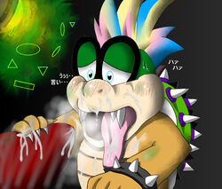 2boys 3_fingers blue_eyes blush breath breathing claws collar crying cum cum_on_arm cum_on_belly cum_on_body cum_on_chest cum_on_hand cum_on_mouth cum_on_nose cum_on_penis cum_on_self cum_on_tongue cumdrip fangs glasses iggy_koopa japanese_text kamek koopa koopaling koopalings long_tongue male male_only mario_(series) multiple_males nintendo oral penis sharp_teeth shell spikes steam steamy sweat tears teeth the_super_mario_bros._super_show! tongue toorin wand yaoi