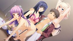 1boy 3girls blonde_hair blue_eyes blue_hair blush brown_eyes brown_hair censored game_cg glasses group_sex hidaka_maiya long_hair mind_control mosaic_censoring mukawa_rui multiple_girls nipples open_mouth purple_hair red_eyes saimin_yuugi sayori sex shoes short_hair sitting smile staffing tomikawa_shiun