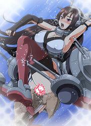 bare_shoulders black_hair blush breasts elbow_gloves female fingerless_gloves gloves hair_ornament insertion kantai_collection large_breasts long_hair nagato_(kantai_collection) open_mouth otoi_rekomaru personification red_eyes skirt solo tears thighhighs trembling turtle underwater vaginal_penetration what