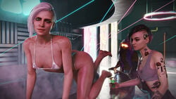 1boy 2020 2girls 3d ass cd_projekt_red cheesecake3d ciri crossover cybernetics cyberpunk cyberpunk_(series) cyberpunk_2077 female female_only gamir_sfm green_eyes judy_alvarez looking_at_viewer micro_bikini night_city niodreth short_hair stripper tattoo the_mox the_witcher_(series) the_witcher_3:_wild_hunt thong white_hair