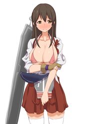 akagi_(kantai_collection) archery blush bra breasts brown_eyes brown_hair clearite female gloves hakama highres japanese_clothes kantai_collection kyuudou large_breasts long_hair looking_at_viewer muneate nipples open_clothes open_shirt personification skirt thighhighs underwear white_legwear