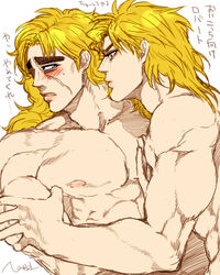 2boys blonde blonde_hair blonde_male blushing dio_brando erakan hugging human human_only jojo's_bizarre_adventure male male_only multiple_males phantom_blood robert_edward_o_speedwagon tagme topless yaoi