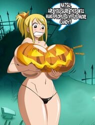 1girls bodypaint bouncing_breasts breast_expansion breast_hold breast_lift breast_press breasts cleavage curvy english_text erect_nipples fairy_tail female female_only gigantic_breasts grimphantom halloween huge_breasts human hyper hyper_breasts lucy_heartfilia motion_lines nipples pumpkin_boobs shounen_jump solo tagme text topless