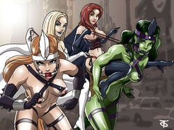 4girls artist_logo big_breasts bit_gag blonde_hair bondage breasts corset emma_frost female female_only femdom femsub gag green-skinned_female green_hair green_skin hulk_(series) jean_grey marvel marvel_comics multiple_girls multiple_subs nipples offworldtrooper ponygirl ponyplay red_hair she-hulk titania_(marvel) x-men