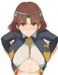 blush breasts brown_eyes brown_hair cum female headband huge_breasts kloah male paizuri paizuri_under_clothes short_hair straight underboob