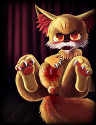 3_toes anus barefoot black_nose bleeding blood blood_stain blush claws color drooling fennekin fox front_view fur furry_ears furry_tail gore injury looking_at_viewer male male_only nightmare_fuel nude open_eyes open_mouth orange_eyes penis pointy_ears pokemon pokemon_(species) red_blood saliva sitting solo tail testicles white_fur wound