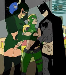 1girls 2boys artemis_(dc) artemis_crock batman blonde_hair breast_grab breasts bruce_wayne dc dcau earrings earth_16 facial_hair fingering green_arrow handjob mask nipples oliver_queen open_mouth penis poopy6 shirt_lift straight testicles young_justice