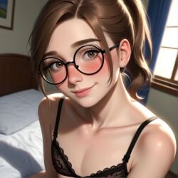 1boy 1femboy above_view ai_generated bed bedroom blush bra brown_eyes brown_hair bushy_eyebrows cute cute_expression emily_(lpyxel) femboy flat_chest flat_chested freckles freckles_on_face from_above girly glasses highres lace_bra lpyxel male_only no_nude non_nude original original_character ponytail round_glasses self_upload sfw shy shy_smile sissy smile thick_eyebrows viewed_from_above