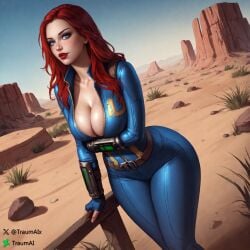 ai_generated arm_under_breasts big_ass blue_eyes cleavage desert fallout freckles huge_ass jess_(traumai) jumpsuit large_ass large_breasts large_thighs looking_at_viewer narrow_waist original_character pawg red_hair red_lipstick redhead self_upload thick thick_thighs tight_clothing traumai vault_dweller vault_girl vault_suit wide_hips