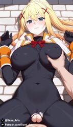 1boy 1girls ai_generated blonde_hair blue_eyes blush bodysuit covered_nipples covered_pussy darkness_(konosuba) gloves grabbing_ass gumi_arts hair_ornament kono_subarashii_sekai_ni_shukufuku_wo! large_breasts long_hair on_back pantyhose ponytail pov pussy shy stable_diffusion thick_thighs torn_clothes