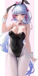 absurd_res absurdres alternate_costume animal_ears bare_arms bare_chest bare_shoulders bare_skin black_bunny_ears black_bunnygirl_costume black_bunnysuit blue_eyebrows blue_eyes blue_eyes_female blue_hair blue_hair_female blush blush_lines blushing_female bowtie breasts bunny_ears bunny_girl cleavage closed_mouth collar cowboy_shot eyebrows_visible_through_hair fake_animal_ears female genshin_impact groin hair_ornament hair_ornaments hair_ribbon hand_up hi_res highleg highleg_leotard highres hiki_niito hiki_nito hikinito_(leviathan) kamisato_ayaka legwear leotard leviathan_(hikinito0902) long_hair looking_at_viewer medium_breasts pantyhose parted_lips pink_bowtie pink_hair_ribbon pink_ribbon playboy_bunny ponytail rabbit_ears ribbon slender_body slender_waist slim_girl slim_waist smile solo standing strapless strapless_leotard thigh_gap thighs thin_waist tongue tongue_out v-line very_long_hair white_collar white_legwear white_pantyhose white_wrist_cuffs wrist_cuffs