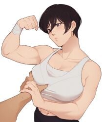 1girls abs asian asian_female athletic athletic_female attack_on_titan biceps big_breasts black_hair breast_grab breasts dark-skinned_male dark_skin female_focus flexing go_on_feel_it_(meme) grabbing_breast guided_breast_grab hanpetos light-skinned_female light_skin mikasa_ackerman muscular muscular_female muscular_male out_of_frame_male shingeki_no_kyojin short_hair toned toned_female