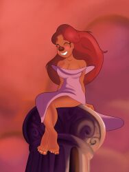 2022 a_goofy_movie barefoot big_breasts blush clouds disney dog_girl dream dress eyelashes feet female foot_fetish foot_focus long_hair long_hair_female no_humans outline painted_background red_hair roxanne_(goof_troop) smiling stinkify tan_skin tan_skinned_female toenails white_dress