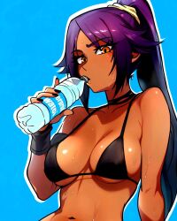 belly big_breasts bikini_top bleach:_the_thousand-year_blood_war dark_skin drinking_water gloves golden_eyes looking_at_viewer mommy purple_hair shihouin_yoruichi