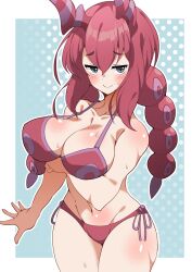 arms_under_breasts bikini blushing cowboy_shot fit fit_female gijinka hips humanized_pokemon large_breasts makusu_210 nervous_smile personification pokemon scolipede sweaty thighs worried