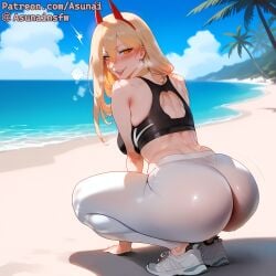 ai_generated asunai beach big_ass black_sports_bra blonde_hair blush breath chainsaw_man curvy female from_behind gym_uniform hand_on_ground horns large_breasts leggings lips looking_at_viewer looking_back naughty_face power_(chainsaw_man) shiny side_view sneakers solo sports_bra squatting stable_diffusion sweat sweaty thiccwithaq_(ai_style) tongue white_legwear yellow_eyes