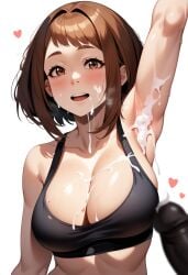 after_sex ai_generated armpits arms_up big_breasts black_penis blush cum cum_dripping cum_on_armpit cum_on_breasts cum_on_face dark-skinned_male hearts_around_head interracial my_hero_academia no_bra ochako_uraraka open_mouth su_whore_(artist) sweaty sweaty_armpits