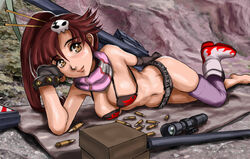 anti-materiel_rifle belt bikini_top breasts brown_eyes bullet chin_rest cleavage female fingerless_gloves gloves gun hair_ornament hair_stick light_smile lips long_hair lying magazine_(weapon) mismatched_gloves navel on_side photo_background pink_legwear ponytail pork_(fordfairlane) red_hair rifle scarf scope short_shorts shorts single_shoe single_thighhigh skull_hair_ornament sniper_rifle solo studded_belt tengen_toppa_gurren_lagann thighhighs tied_hair weapon yoko_littner