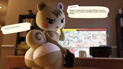 3d aidenz animal_crossing annoyed annoyed_expression anthro ass_focus big_ass big_butt blender bottom_heavy bubble_ass bubble_butt curvy curvy_figure dialogue femboy feminine_male fur girly hand_on_head hi_res holding_controller huge_ass huge_butt human_on_anthro large_ass large_butt looking_at_viewer mammal marshal_(animal_crossing) nintendo short_stack shortstack squirrel super_smash_bros. super_smash_bros._ultimate text text_bubble thick_thighs underwear undies wide_hips