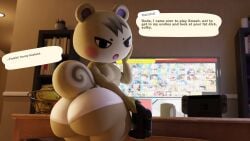 3d animal_crossing annoyed annoyed_expression anthro ass_focus big_ass big_butt blender bottom_heavy bubble_ass bubble_butt curvy curvy_figure dialogue femboy feminine_male fur girly hand_on_head hi_res holding_controller huge_ass huge_butt human_on_anthro large_ass large_butt looking_at_viewer mammal marshal_(animal_crossing) nintendo short_stack shortstack squirrel super_smash_bros. super_smash_bros._ultimate text text_bubble thick_thighs uncle_aiden underwear undies wide_hips