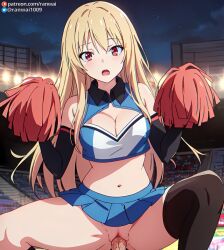 ai_generated anime blonde_hair cheerleader cheerleader_outfit cowgirl_position ranwai red_eyes sakura-sou_no_pet_na_kanojo sex shiina_mashiro stable_diffusion vaginal_penetration vaginal_sex