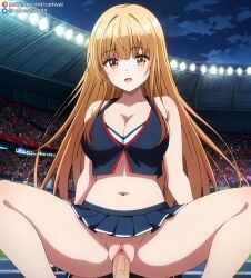 ai_generated anime blonde_hair bondage cheerleader cheerleader_outfit cowgirl_position otonari_no_tenshi-sama_ni_itsu_no_mani_ka_dame_ningen_ni_sarete_ita_ken ranwai sex shiina_mahiru stable_diffusion vaginal_penetration vaginal_sex yellow_eyes