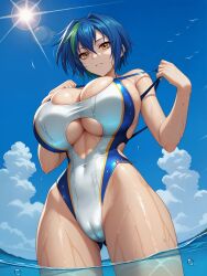 1girls abdomen ai_generated beach_background blue_hair demon demon_girl female hi_res high_school_dxd huge_breasts looking_at_viewer looking_down magiskuwa short_hair solo swimsuit voluptuous xenovia_quarta yellow_eyes