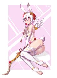 animal_ears animal_humanoid bow bunny_(d-rex) bunny_ears bunny_girl bunny_tail cupid cupid's_arrow d-rex female female_only flower_in_hair heart-shaped_pupils kemonomimi lagomorph_humanoid one_eye_closed panties red_eyes revealing_clothes seductive seductive_look seductive_smile valentine's_day white_hair wings