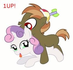 1boy 1girls animated ass brown_fur brown_hair button_mash_(mlp) cutie_mark_crusaders doggy_style duo eyelashes friendship_is_magic from_behind green_eyes hair_on_head hat hooves horn horse humping implied_sex my_little_pony ohohokapi open_mouth purple_hair red_eyes sweetie_belle_(mlp) tail text tongue tongue_out unicorn white_fur young