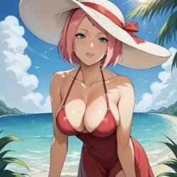 1girls ai_generated bikini blush bob_cut boruto:_naruto_next_generations breasts curvaceous curvy curvy_figure dress facial_mark facing_viewer female female_only forehead_mark front_view green_eyes hat light-skinned_female light_skin long_hair looking_at_viewer mature mature_female milf mommy nai_diffusion naruto naruto_(series) ocean paipan pale-skinned_female pale_skin patreon_username petite petite_body pink_hair pinup sakura_haruno seaside shoulder_length_hair small_breasts smile solo solo_focus stable_diffusion straw_hat summer_hat swimsuit temptart thighs url water web_address wide_hips