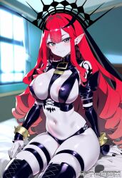 1girls ai_generated alterism armlet baobhan_sith_(fate) bed bedroom big_breasts blush breasts curvy day detached_sleeves earrings fairy_knight_tristan_(fate) fate/grand_order fate_(series) female_focus hair_ornament hourglass_figure indoors jewelry large_breasts latex long_hair looking_at_viewer naughty_face navel nipples pale_skin pointy_ears posing red_hair revealing_clothes shiny_clothes shiny_skin sitting skindentation spikes thick_thighs thigh_boots thigh_strap tiara vampire very_long_hair wide_hips