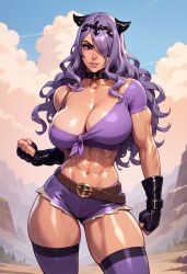 1girls abs ai_generated belt big_breasts black_tiara breasts camilla_(fire_emblem) clothed clothed_female clothing female female_only fire_emblem fire_emblem_fates hair_over_one_eye human human_female human_only light-skinned_female light_skin long_hair looking_at_viewer muscular muscular_female nai_diffusion navel nintendo purple_eyes purple_hair purple_shirt purple_shorts short_shorts solo solo_female stable_diffusion standing tiara tied_shirt video_game_character video_games wavy_hair