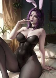 1girls artist_signature aylis_nyan bare_shoulders big_breasts bowtie bunny_ears bunny_girl bunnysuit busty dc dc_comics fishnets grey_skin mature purple_eyes purple_hair purple_lipstick rachel_roth raven_(dc) sitting sitting_on_bed teen_titans thick_thighs thighs tight_fit