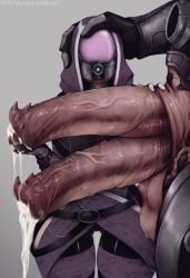 1boy 1girls 2_penises 4_balls cock commission cum diphallia diphallism dripping_cum female fully_clothed fully_clothed_female hand_behind_head hand_on_head high_res high_resolution imminent_sex impracticalart krogan leaking_pussy male mass_effect mass_effect_2 multi_genitalia multi_penis penis penis_bigger_than_arm penis_bigger_than_head penis_out quarian tagme tali'zorah_nar_rayya urdnot_grunt veiny_penis wet_pussy