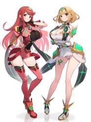 2girls alternate_hair_length alternate_hairstyle blonde blonde_female blonde_hair blonde_hair_female blush cleavage female female_focus female_only full_body gonzarez hand_on_head large_breasts long_hair looking_at_viewer multiple_girls mythra nintendo outfit_swap palette_swap plain_background pyra red_clothes red_clothing red_eyes red_hair red_outfit short_hair simple_background super_smash_bros. super_smash_bros._ultimate white_background white_clothes white_clothing white_outfit xenoblade_(series) xenoblade_chronicles_2 yellow_eyes