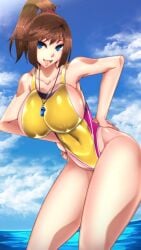 1girls beach blue_eyes breasts brown_hair byakkun clouds female hand_on_hip highleg highleg_swimsuit large_breasts lifeguard lifeguard_swimsuit looking_at_viewer ocean one-piece_swimsuit outside ponytail sky swimsuit tea_gardner water whistle whistle_around_neck yellow_one-piece_swimsuit yellow_swimsuit yu-gi-oh!