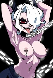 1girls above armpits bondage breasts chained chains choker demon devil eyeshadow female female_only helltaker horns jeans makeup midriff nipple nipples piercing solo sweat tail thieviusa tongue topless zdrada_(helltaker)