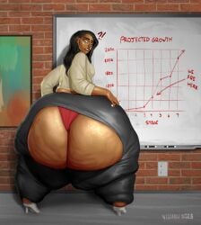 1girls ass_bigger_than_torso ass_expansion big_ass black_hair black_leggings business_woman chart dark-skinned_female expansion huge_ass hyper_ass leggings long_hair looking_back multicolored_hair panties red_panties ripped_clothing ripped_leggings sweater vanillaru villaru white_hair