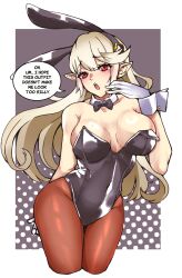 1340smile 1girls absurdres alternate_costume black_bow black_bowtie black_leotard blush bow bowtie breasts brown_pantyhose bunny_ears bunny_girl bunnysuit cleavage corrin_(female)_(fire_emblem) corrin_(fire_emblem) corrin_(fire_emblem)_(female) covered_navel detached_collar female female_only fire_emblem fire_emblem_fates gloves highres leotard nintendo open_mouth pantyhose playboy_bunny pointy_ears red_eyes solo strapless strapless_leotard white_gloves wrist_cuffs