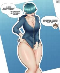 1girls ally_(radiant_artist) big_ass big_breasts big_butt blue_hoodie blush chris_parker hair_over_eyes hoodie original original_character radiant_artist short_hair spanish_dialogue spanish_text