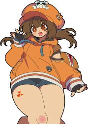 brown_hair fingerless_gloves heart hoodie kekeken_(9vsqgrq7v2wnvby) may_(guilty_gear) orange_eyes tattoo thick_thighs