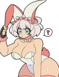 bunny_ears bunnysuit cleavage elphelt_valentine kekeken_(9vsqgrq7v2wnvby) large_breasts question_mark spee speech_bubble teal_eyes thick_thighs white_hair