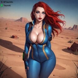 ai_generated blue_eyes cleavage desert fallout freckles huge_ass jess_(traumai) jumpsuit large_ass large_breasts large_thighs looking_at_viewer original_character red_hair red_lipstick self_upload thick thick_thighs tight_clothing traumai vault_dweller vault_girl vault_suit