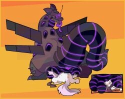 ambiguous_gender anthro anus balls cutaway domestic_cat dragon duo felid feline felis genitals guncht machine mammal mythological_creature mythological_scalie mythology rear_view robot scalie size_difference