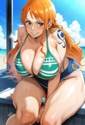 1girls ai_generated bare_arms bare_legs bare_shoulders bare_thighs beach big_breasts bikini_top cleavage curvaceous curvy_body denim_skirt earrings female female_only huge_breasts lewis_ai_art lewisai light-skinned_female light_skin long_hair looking_at_viewer miniskirt nami nami_(one_piece) one_piece orange_eyes orange_hair outdoors patreon_exclusive post-timeskip s seductive seductive_look sitting_down smiling smiling_at_viewer sweat tattoo thick_thighs voluptuous voluptuous_female water wet