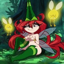 1girls accurate_art_style betilla_(rayman) breasts casual choobsters covered_nipples covering_breasts exposed_torso fairy fairy_wings female freckles full_body green_hat hat legwear looking_at_viewer lum_(rayman) naked_boots naked_stockings navel no_panties nymph_(rayman) outdoors pale_skin pubic_hair pudgy_belly pussy rayman_(series) rayman_origins red_hair sitting smiling topless wristwear