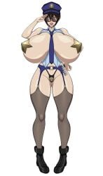 1girls ahegao ass_visible_through_thighs black_boots black_g-string black_garter_straps blue_eyes blue_garter_belt boots breast_cutout breasts breasts_bigger_than_head brown_hair brown_stockings condom_packet_strip curvy detective_conan eyes_rolling_back female g-string garter_belt garter_straps gold_pasties hand_on_hip huge_breasts human large_breasts massive_breasts miwako_sato pale-skinned_female pale_skin pasties police_badge police_hat police_uniform policewoman pubic_hair_peek salute short_hair sihkygmojsn slutty_clothing solo solo_female solo_focus standing star_pasties stockings sunglasses tagme tan_body tomboy white_background wide_hips