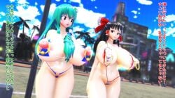 3d anastasia123mmd bikini florida_bikini huge_breasts huge_nipples micro_bikini nipple_rings nipples reimu_hakurei sanae_kochiya tagme touhou